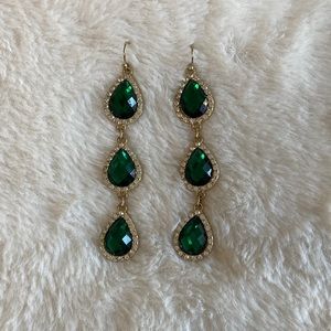 Statement Drop Earrings with Faux Emerald and Crystal Stones